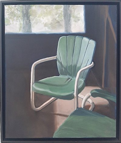 Eve Plumb “Maine Cabin Chair” Oil on Linen 25″x22″ Framed